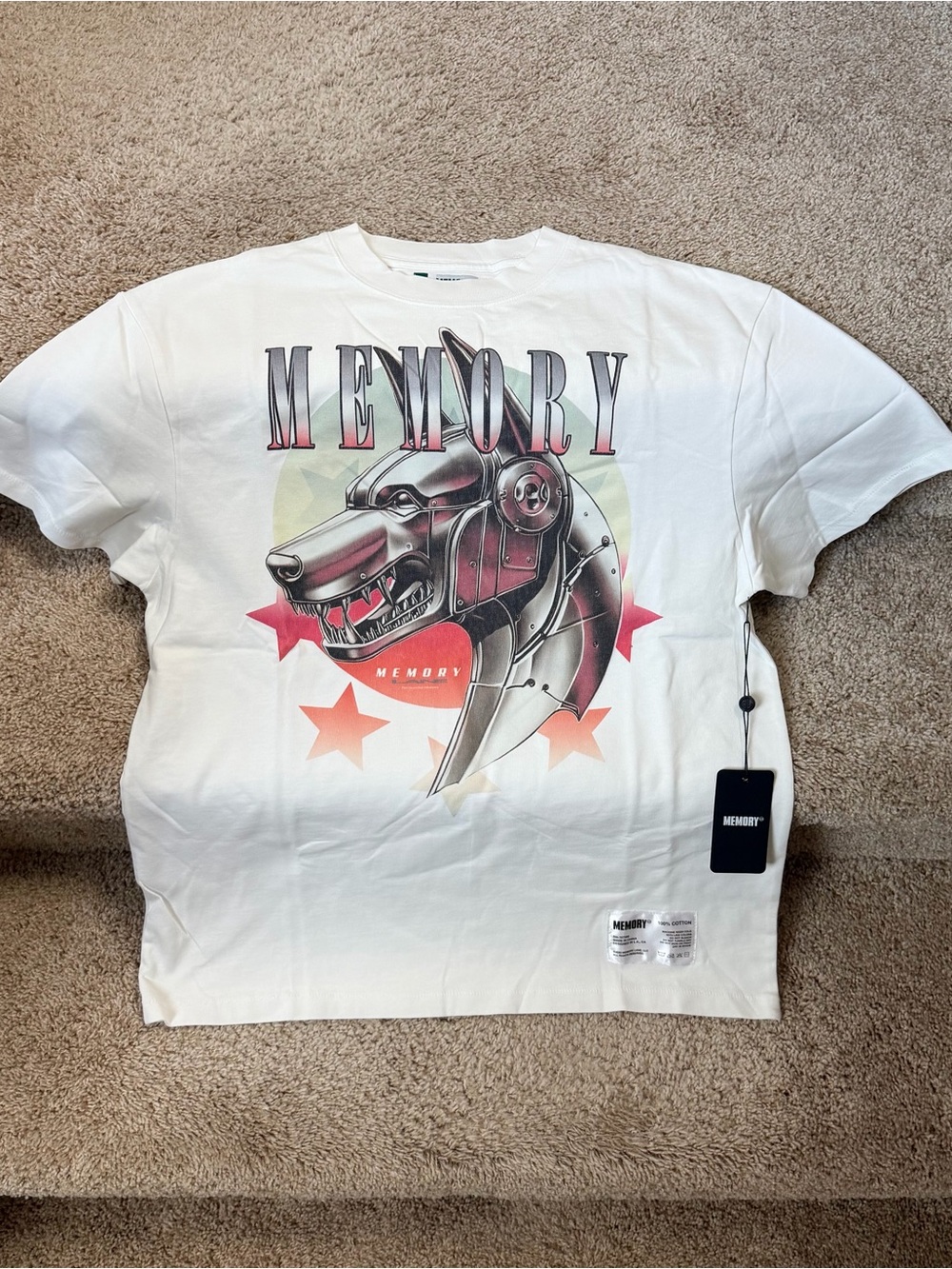 Men’s White Graphic Tee with Metallic Wolf Design